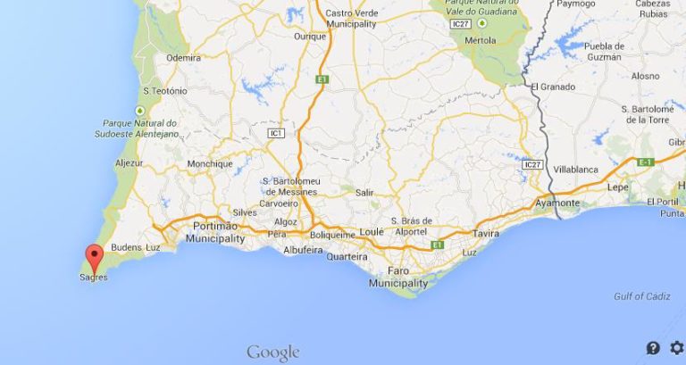 Sagres on map of Algarve
