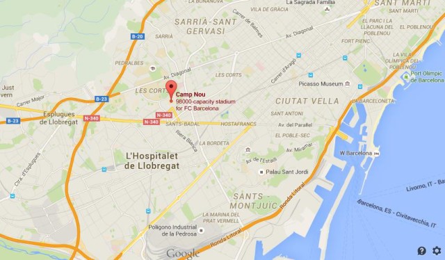 location Camp Nou on map Barcelona