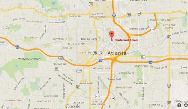 location Centennial Tower on map of Atlanta