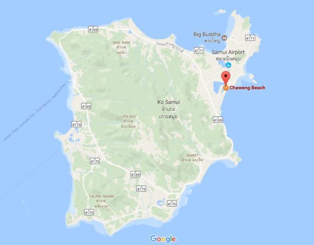 Location of Chaweng Beach on map Ko Samui