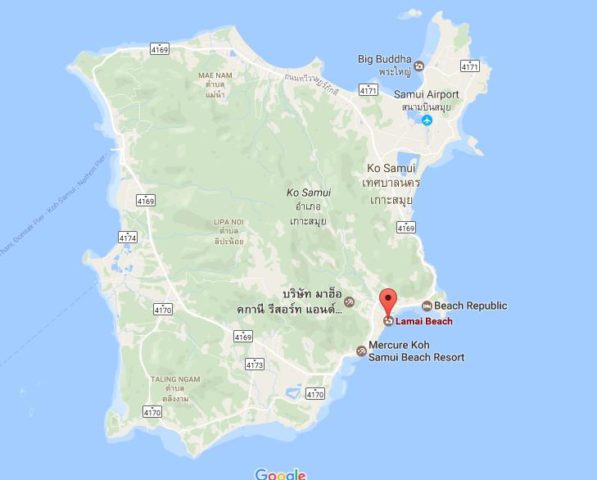 Location of Lamai Beach on map Ko Samui