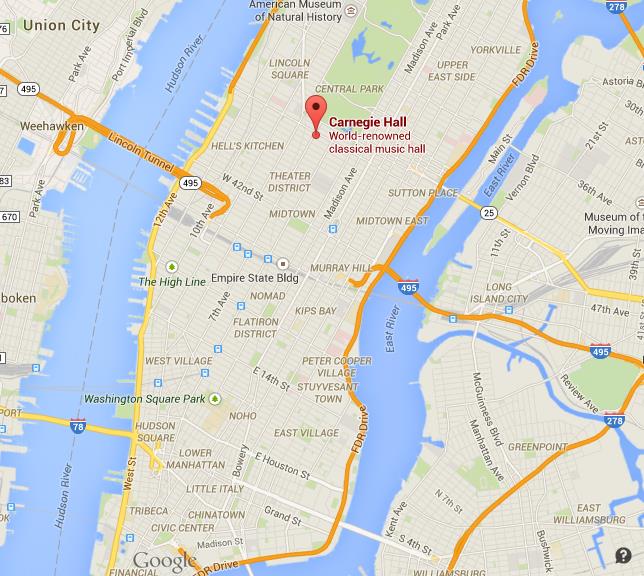 Where is Carnegie Hall on map of Manhattan